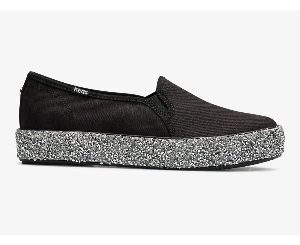 Women Triple Decker Rock Salt Glitter Slip On Sneaker Black Silver 6m87ktkC