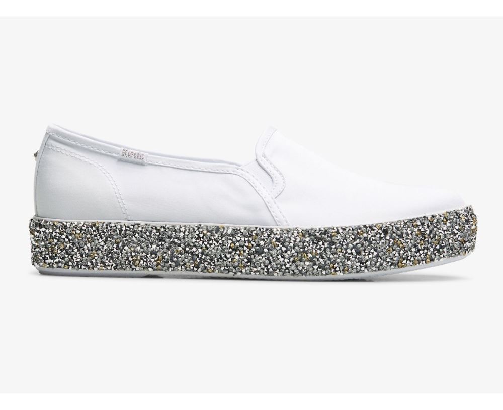 Women Triple Decker Rock Salt Glitter Slip On Sneaker White Silver BGFo97nX